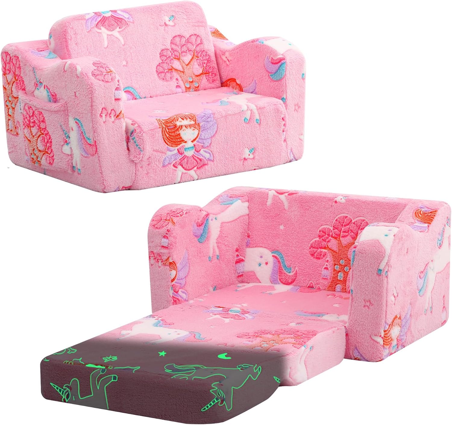 MeMoreCool Folding Toddler Chair, Glow-in-The-Dark Soft Plush Kids Fold-Out Couch Sofa, Comfy Baby Recliner for Girls and Boys Pink Fairy