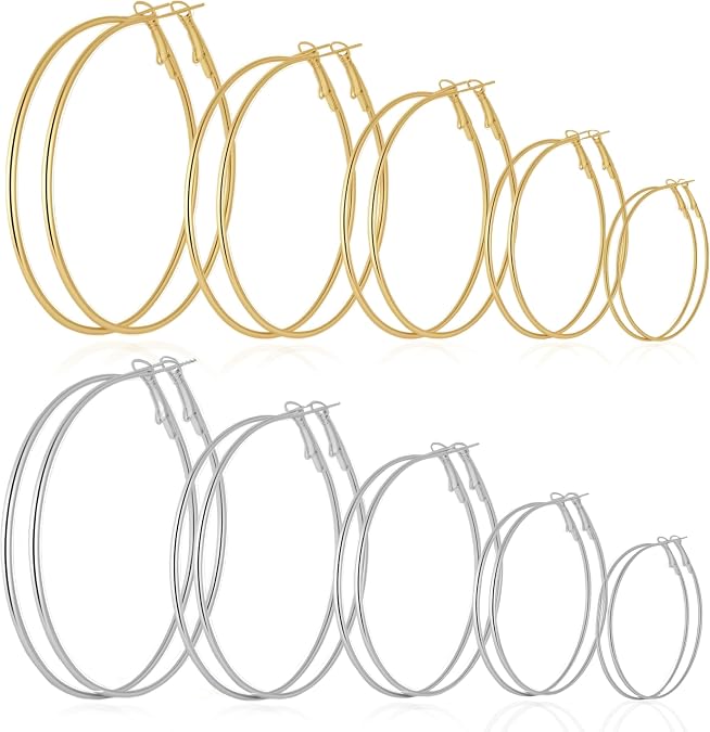 Gold Hoop Earrings Set for Women, 12 Pairs 14K Gold Plated Big Thin Hoops Pack, Hypoallergenic Silver Large Women's Hoop Earrings Stack