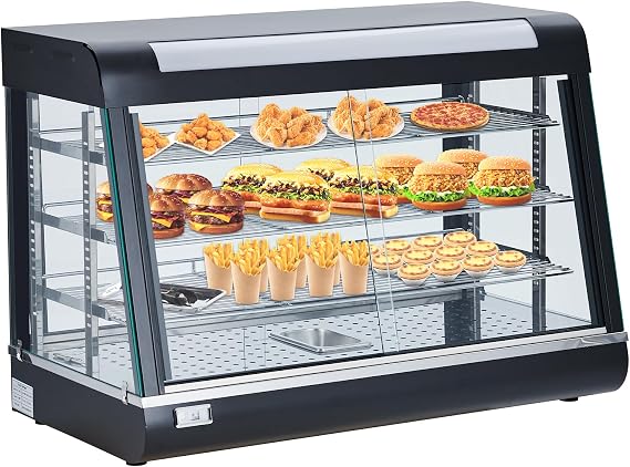 Commercial Food Warmer Display 3 Tiers, 800W Pizza Warmer with 3D Heating & 3-Color Lighting, Countertop Pastry Warmer Temp Control & Display, Sliding Glass Door for Buffet