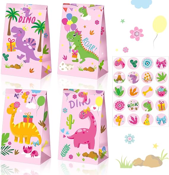 Pajean 24 Pcs Dinosaur Party Favor Bags with Stickers