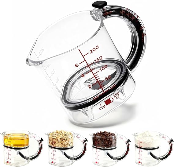 4-in-1 Adjustable Measuring Cup for Liquid & Dry | with Scraper Seal, Clear Ml/Oz Markings, Space-Saving & Easy-to-Clean for Cooking and Baking.