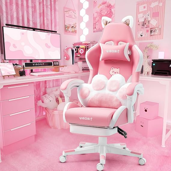 Vigosit Cat Ears Gaming Chair - Pink PU Leather Ergonomic Reclining Office Chair with Footrest, 310lb Capacity, 6-Position Recline, 360 Swivel