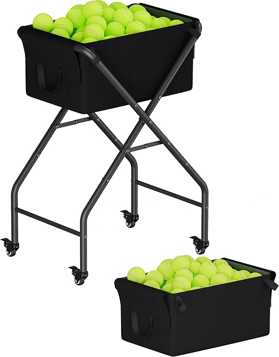 Tennis Ball Hopper Cart Holds 175 Tennis Balls or 140 Pickleballs, Portable Pickleball Collector Caddy with Wheels, Foldable Baseball Basket Holder for Court Training & Coaching