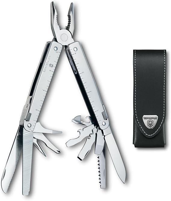 Victorinox Swiss Tool 26-Function Multi-Tool with Leather Pouch - Silver | Compact Swiss Army pocket tool with wire cutter and metal saw. Durable stainless steel design for extreme functionality.