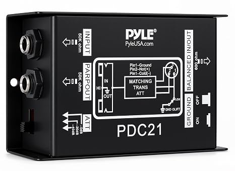Premium Direct Injection Audio Box - Passive DI Unit Hum Eliminator w/Input Attenuator to Connect Guitar & Bass, 1/4'' Impedance Transformer Connector to Balanced & Unbalanced XLR, Black - Pyle PDC21