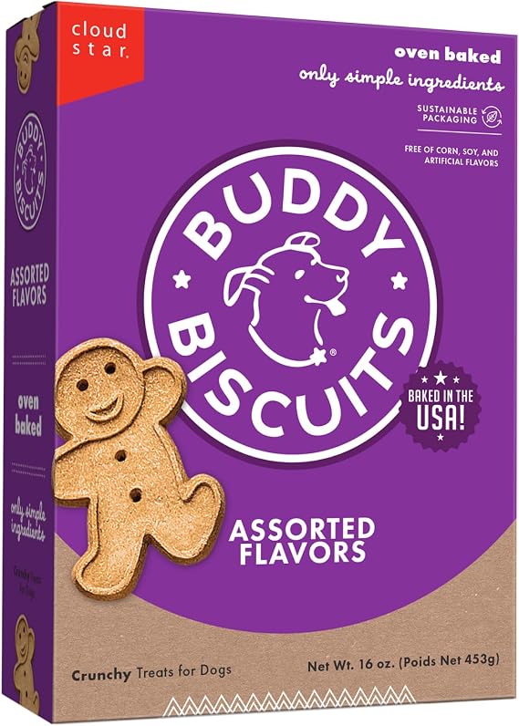 Buddy Biscuits 16 oz. Box of Crunchy Dog Treats Made with Assorted Flavors of Roasted Chicken, Grilled Beef, and Sharp Cheddar