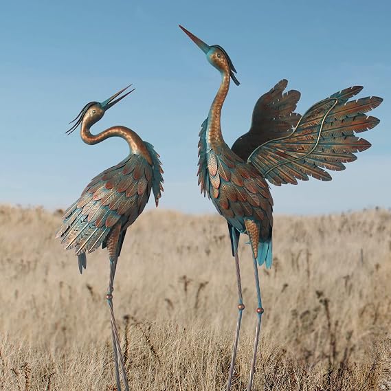 Crane Statues for Garden Decor, Metal Crane Yard Art Statues, 2PCS