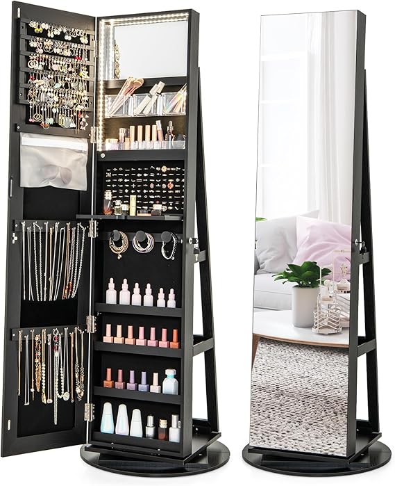 LOKO 360 Swivel Jewelry Cabinet, Lockable Jewelry Organizer with Rear Storage Shelves, Standing Jewelry Armoire with Full-Length Mirror & 3-Color LED Lights, for Girls Women, Bedroom (Black)
