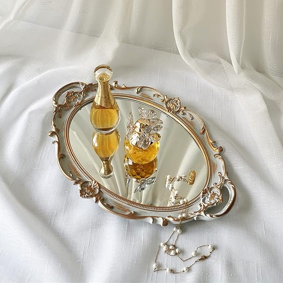 Oval Decorative Mirror Tray, French Style, Makeup Organizer, Jewelry Organizer, Serving Tray, 9.8"x 14.6", Golden Grey