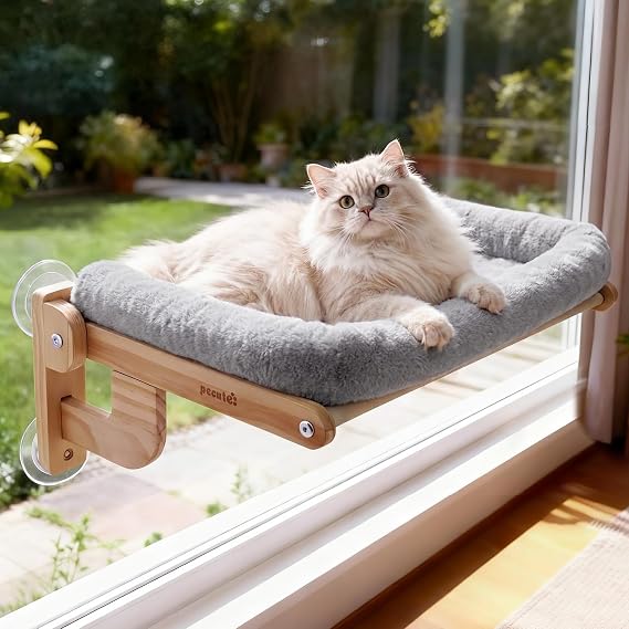 Pecute Cat Window Hammock Foldable, Cat Bed with Soft Cushion Grey, 26" L