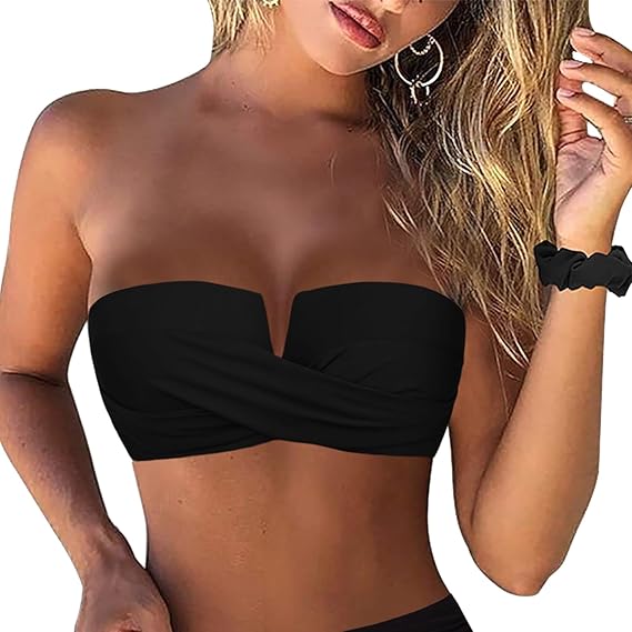 Hilor Women's Bandeau Bikini Top Halter Strapless Bikini Swimsuits Sexy Push Up Bathing Suits Tops