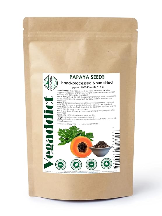 100% Natural Sun Dried Papaya Seeds | High Papain & Carpain Content | No Additives | Vegan | Laboratory Tested | Gluten & Lactose Free | Ethycally sourced | (approx 1000 seeds)