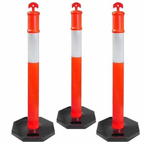 45 Inch Delineator Post with 12 LB Base, 3 Pack Traffic Delineator Posts with Reflective Collar for Driving Practice, Construction Work.