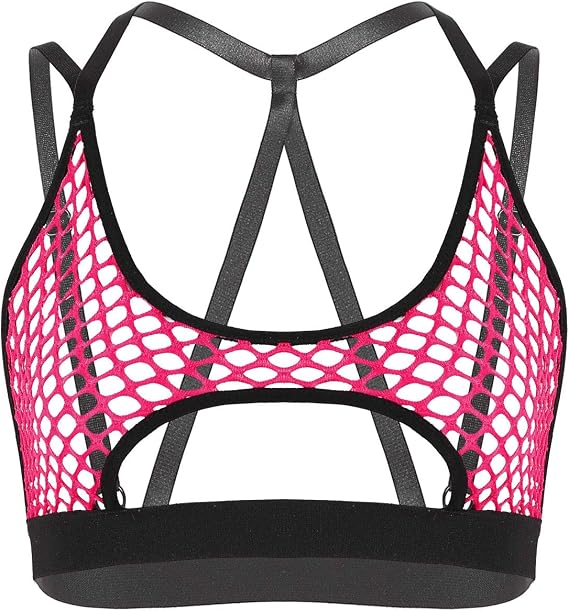 Women Sheer Mesh Fishnet Hollow Out Halter Bra Top Crisscross Back Crop Tops Bustier