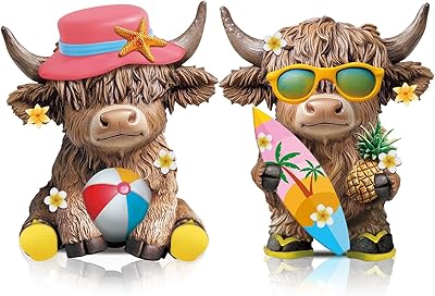 Karenhi 2 Pcs Highland Cow Figurines Summer Beach Seaside Coastal Highland Cow Gnomes Scottish Resin Statue Calf Lovers Gifts for Summer Home Garden Kitchen Office Tiered Tray Table Decor