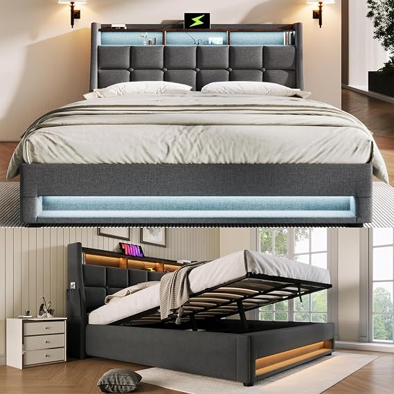 Full Size Bed Frame with Storage, Lift Up Bedframe with Headboard, Upholstered Platform Bed with LED Lights & USB Charging, Hydraulic No Box Spring Needed Wood Slats Support (Grey, Full)