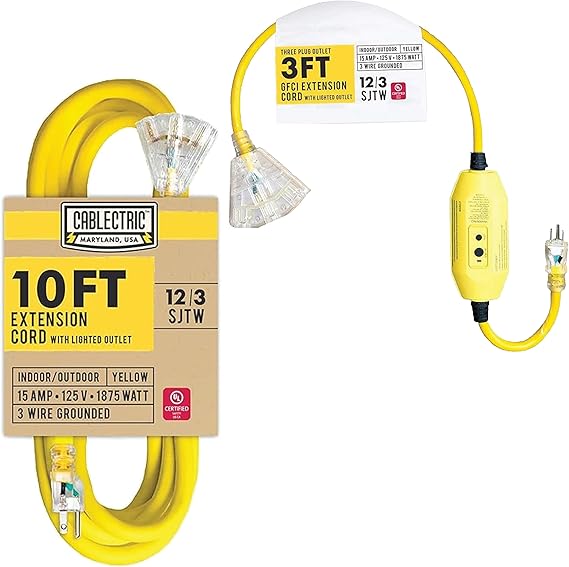 10ft Heavy Duty Extension Cord 3Outlet, 12/3 Multiple Outlets Lighted Plug Yellow SJTW Weatherproof & 3Ft Outdoor GFCI Extension Cord Pigtail 15Amp 12/3 SJTW Heavy Duty Gauge Lighted Yellow