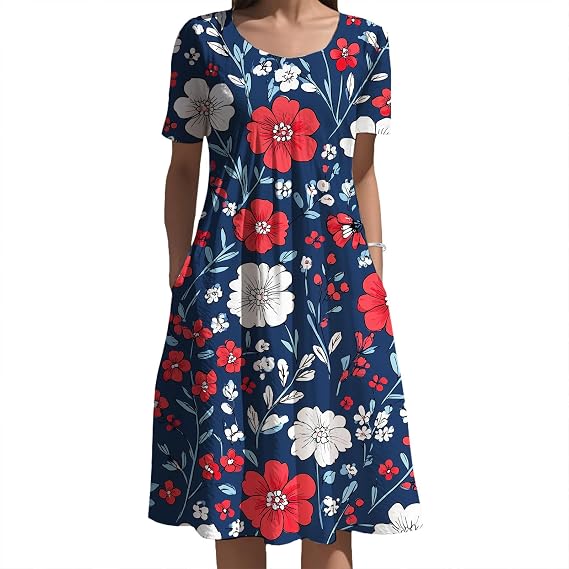Patchwork Ethnic Floral Collage Midi Dress with Pockets Womens Boho Dress Floral Boho Dress