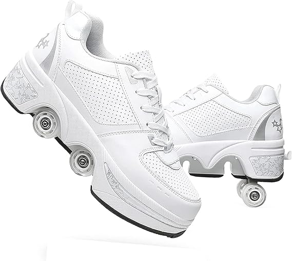 Roller Skate Shoes for Men Women, 2-in-1 Double-Row Deform Wheel Roller Skates, Boy Girl Sneakers with Removable Wheels, Indoor Outdoor Skates Shoes
