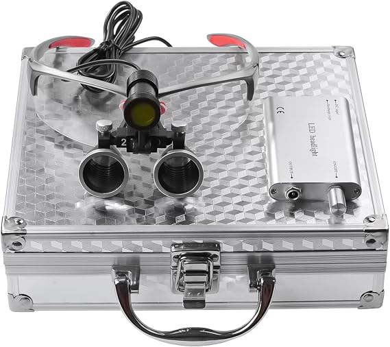 2.5X Long Focus Loupes 420-520mm Glasses Binocular Magnifier 5W LED Headlight with Yellow Filter Aluminium Box (Silver)