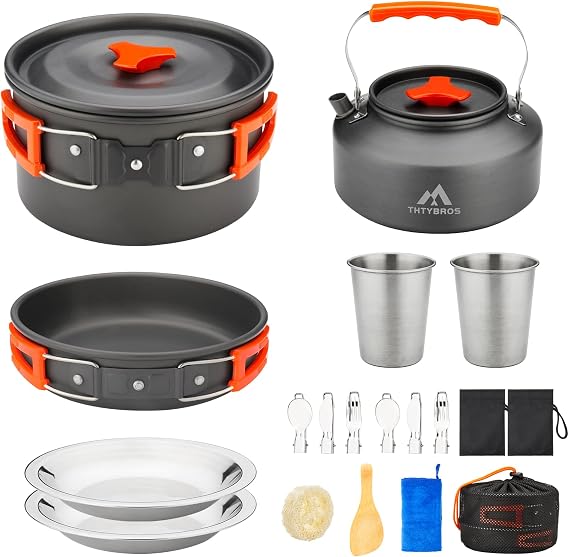 THTYBROS 17-Piece Camping Cookware Set, Hard Anodised Aluminium Pot Pan Kettle with 2 Stainless Steel Cups Plates Cutlery for Outdoor Hiking Backpacking Picnic