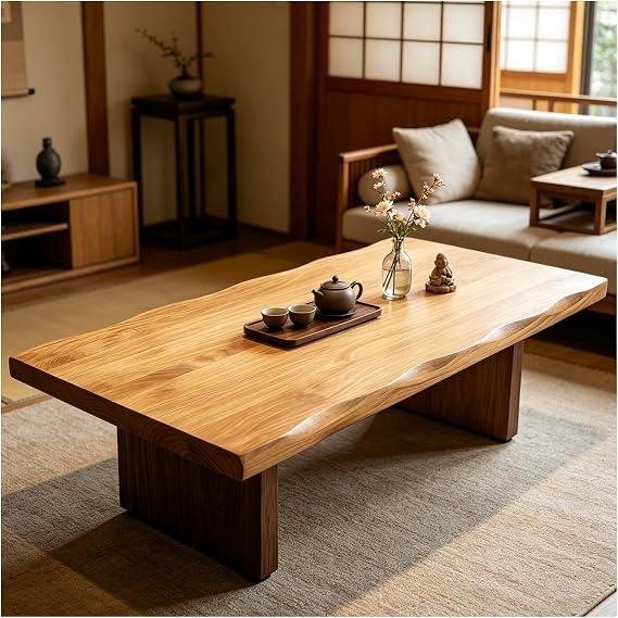 Japanese Solid Wood Floor Table - Large Rectangular Meditation & Tea Table for Tatami Zen Design with Easy Assembly Multifunctional Table for Living Room/Dining Area (NaturalA 100 x 50 x 35 cm)