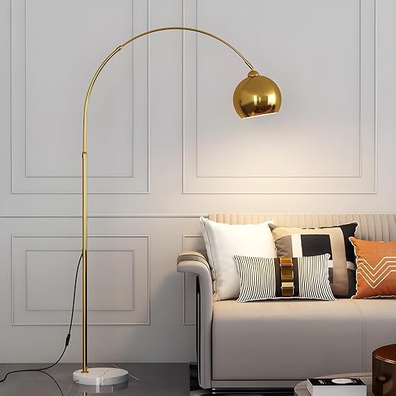 LightInTheBox Gold Modern Arc Floor Lamp, 70.9in Arc Floor Lamp with Inner Gold Metal Shade and White Marble Base, Arc Lamps Floor Standing with 5W Bulb, Over Couch Lamp for Living Room, Bedroom