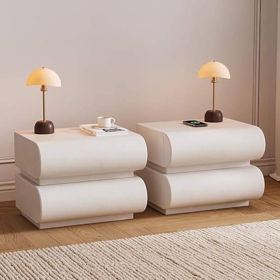 homary Smart Nightstands Set of 2 with Wireless Charging Station, USB & Type-C Ports, Faux Leather White Night Stands Modern Bedside Tables for Bedroom Storage, Fully Assembled