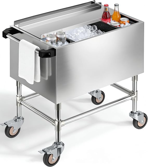 80Qt Rolling Ice Chest Cooler Cart, Stainless Steel Outdoor Cooling Bin with Wheels & Brake, 24H Ice Retention Heavy Duty Bar Cart with Sliding Lid and Cup Holders for Party, Camping 3a3