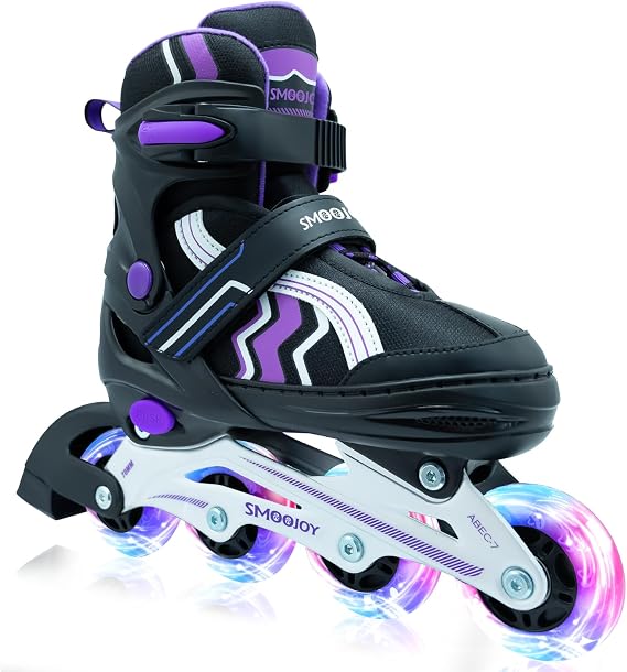 Inline Skates for Kids 4 Size Adjustable Light-Up Wheels Aluminum Frame Black Rose Red Blade Skate for Boys and Girls S, M, L Sizes, Ages 5-8, 6-12, for Beginners Indoors and Outdoors