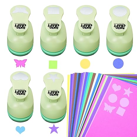 UCEC 6 Pcs Craft Paper Punch Set – 6 Patterns & 30 Cardstock Sheets, 1 Inch | Craft Hole Punch Set with Assorted Shapes: Circle, Heart, Star, Square, Butterfly & Lace Circle, for DIY, Card Making, Album