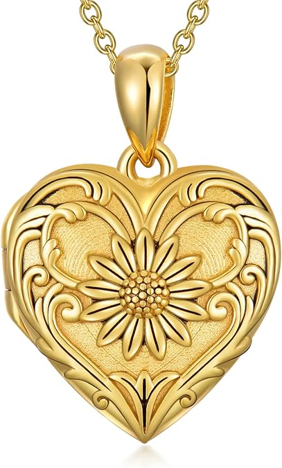 SOULMEET Sunflower/Rose/Daisy Heart Locket Necklace That Holds Pictures Keep Someone Near to You Sterling Silver/Gold Personalized Photo Locket Gift