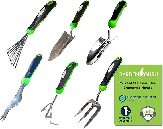 Garden Guru Garden Tool Set 6pc Hand Trowel Transplanter Weeder Fork Rake Cultivator Heavy Duty Stainless Steel - Ergonomic Comfort Grip Handle Perfect Gardening Tool Kit Gifts for Women and Men