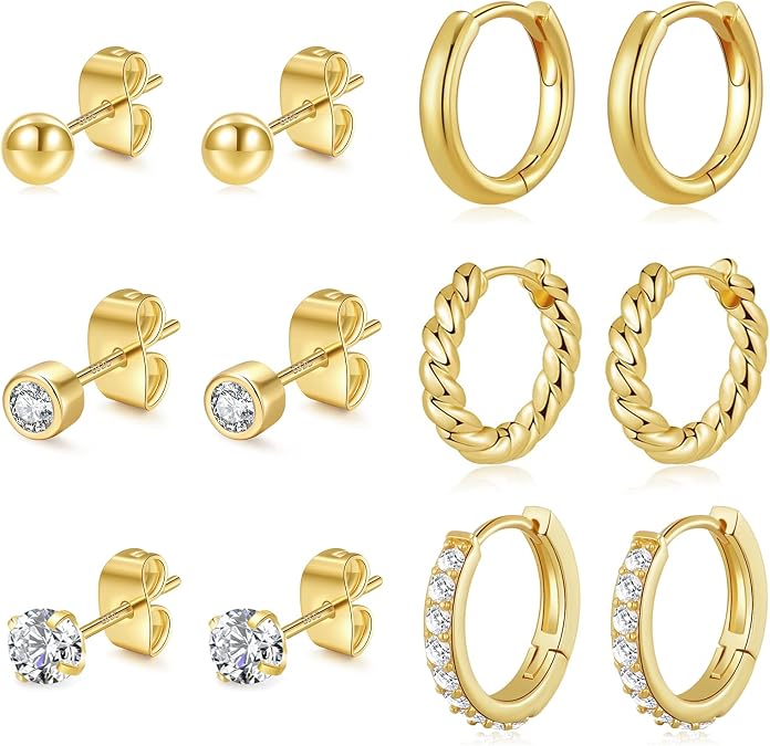 BMMYE 6-8 Pairs Gold/Silver Stud Earrings for Women 14K Gold Stud Earrings Set for Multiple Piercing Cartilage Sleeper Tiny Mini S925 Sterling Silver Stud Earrings for Women Men Girls