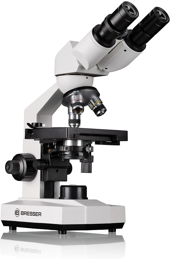 Bresser Biological transmitted light microscope, Erudit Basic Bino 40x-400x, coarse and fine focusing, as well as cross table (coaxial), LED (battery or battery), Abbe condenser, smartphone holder and case