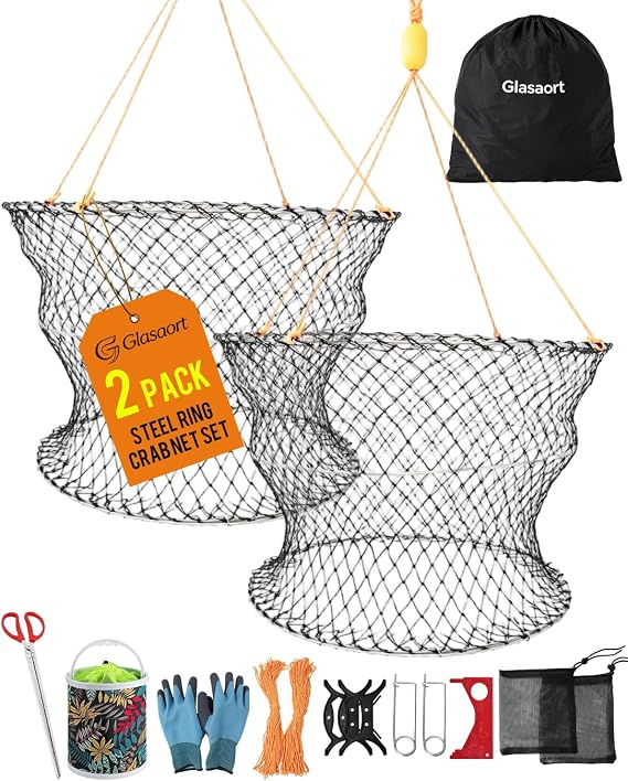2 Pack Three Ring Crab Trap Set, Steel Ring Crab Net, Collapsible Bucket | Bait Clip Crab Traps for Blue Crabs, Rock Crabs 24" Top, 20" Bottom, Easy to Carry, Store, and Use from Shore, Pier