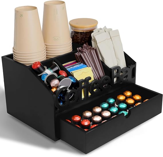 Coffee Bar Organizer Countertop, Wooden Coffee Station with Black Drawer