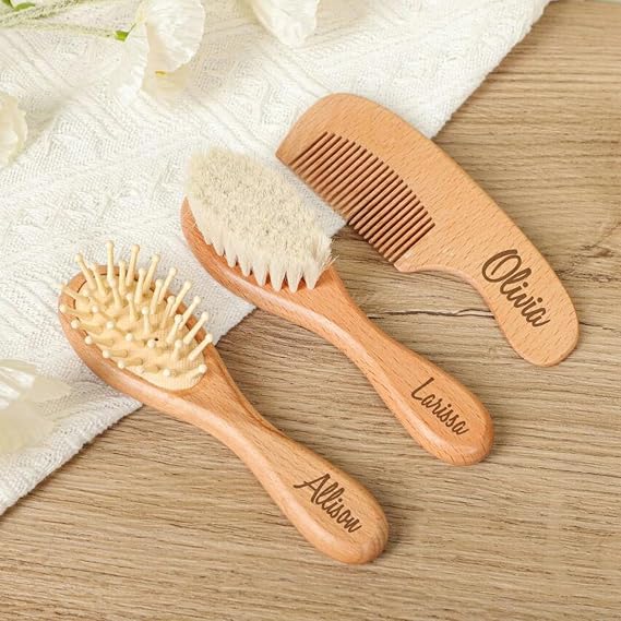 Personalized Baby Hairbrushes Natural Wooden Hairbrush Baby Brush Set for Newborns Custom Birthday Flower with Name Wood Infant Hair Brush Birth/Baptism/Birthday