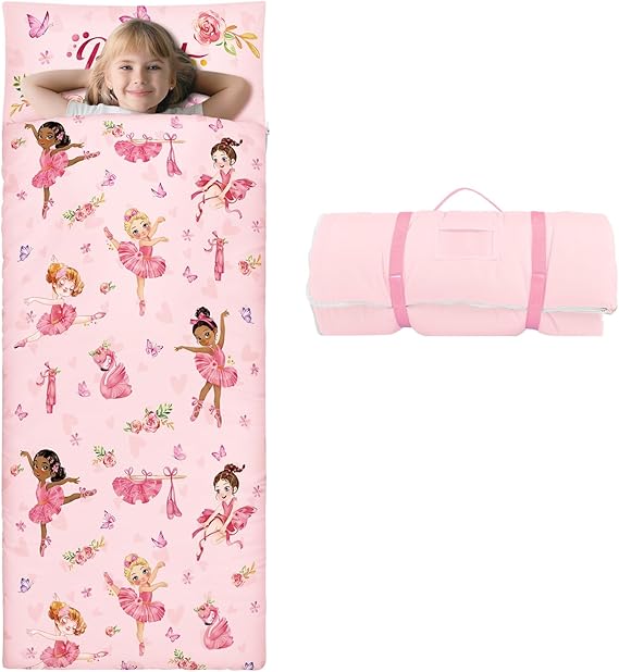 Kids Sleeping Bag Toddler Nap Mat with Removable Pillow, Large Foldable Sleeping Bag for Girls Boys, Easy Clean Slumber Bag with Double Zip for Camping School Preschool Daycare, 5924 inch