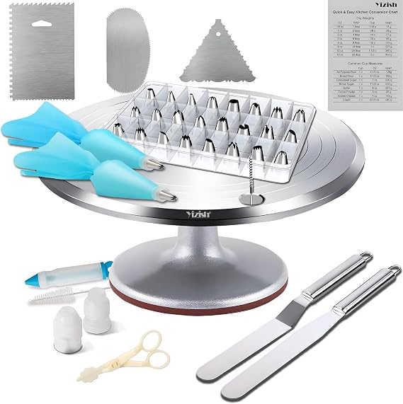 Yizish Tortenplatte Drehbar Aluminiumlegierung 32cm Drehbare Tortenplatte Dekorationssets mit Edelstahl Eisspatel  Kuchenglasschaber und Schlauchbeutel & Spitzen Set zum Backen Gebäck