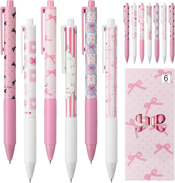12 Pcs Pink Bow Pens, Retractable 0.5mm Black Gel Ink Pens, Coquette