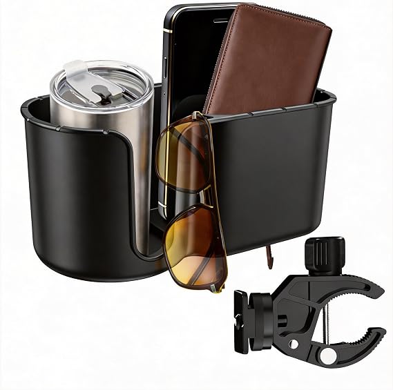 Cup Holder with Storage Organizer, 360 Rotatable Aluminum Clamp for Wheelchair, Walker, Stroller, Boat, Universal for Bottles & Small Items