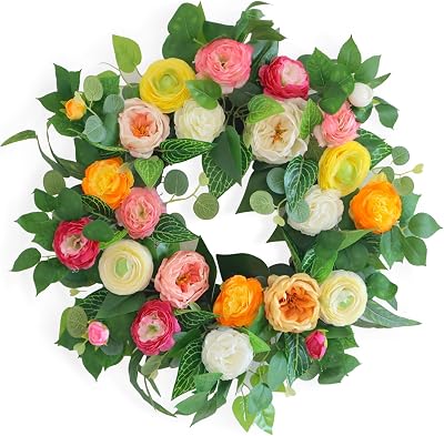 24 Spring Summer Wreaths for Front Door,Persian Buttercup Wreath, Austin Rose, Eucalyptus,Vivid Artificial Floral Wreath for Wall Window Farmhouse Party Holiday Home Decor