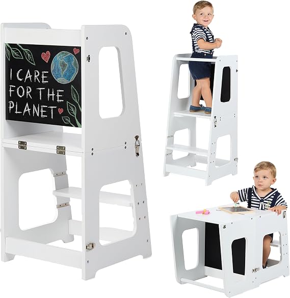 Premium Toddler Kids Tower Foldable – Toddler Kitchen Stool Montessori 3 in 1 Premium: Foldable Learning Kids Tower Convertible into Desk with Chalkboard, Sustainable Company with Reforestation