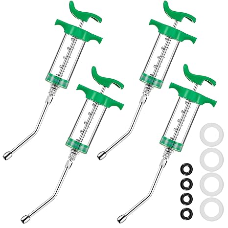 Tondiamo 4 Pcs Goats Syringe with 4 Drench Nozzle Adjustable Dosage Reusable Drench Syringe 50 ml Green Drench Gun for Sheep Goat Horses Cattle Dogs Animals Feeding Supplies