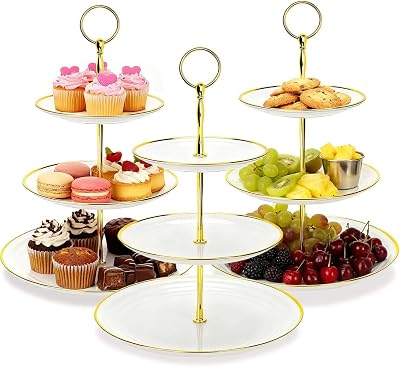 3 Pack Gold Rim Dessert Cupcake Stand Tower 3 Tier for Tea Party, Plastic Tiered Serving Tray Stand Holder with Gold Rod for Cupcakes, Donuts, Fruits and More Round