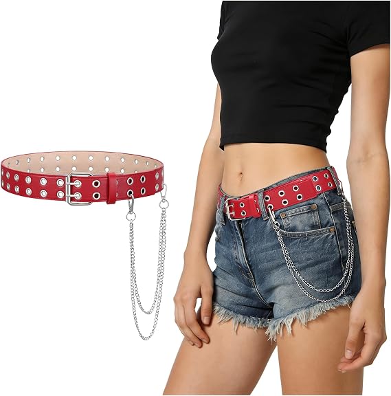 WERFORU Double Grommet Leather Belt with Detachable Chain for Women Punk Studded Waist Belt for Pants Jeans