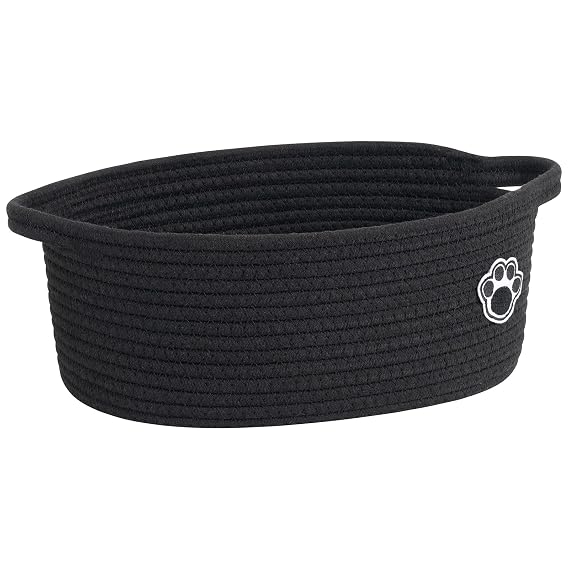 Woven Rope Dog Toy Basket with Paw Print, Black