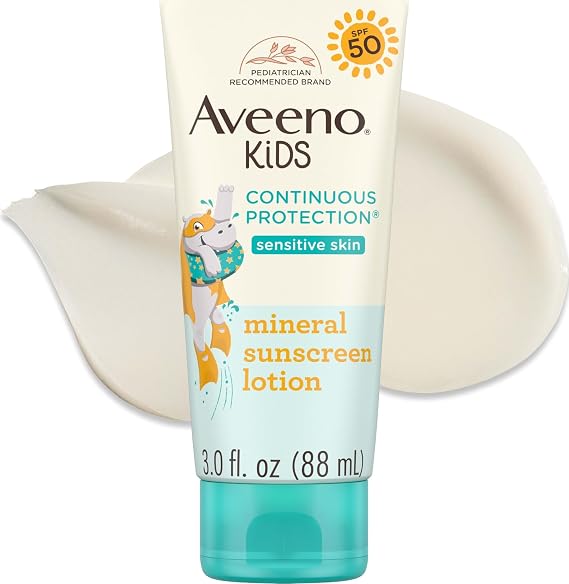 Aveeno Kids Sunscreen Lotion, Broad Spectrum, SPF 50, 3 fl. oz | Zinc Oxide Sunscreen Lotion for Kids Sensitive Skin, Oxybenzone Free, Tear and Sweat-Free, Water-Resistant, Non-Greasy