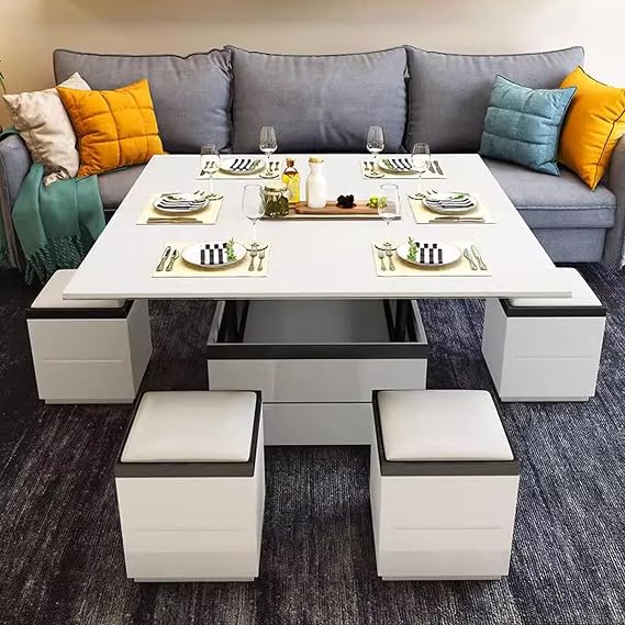 HM&DX Lift Top Coffee Table Folding Coffee Table,Extendable Dining Table with 4 Storage Stools&Storage Drawers, Movable Center Table W/Wheels for Living Room Dining Room